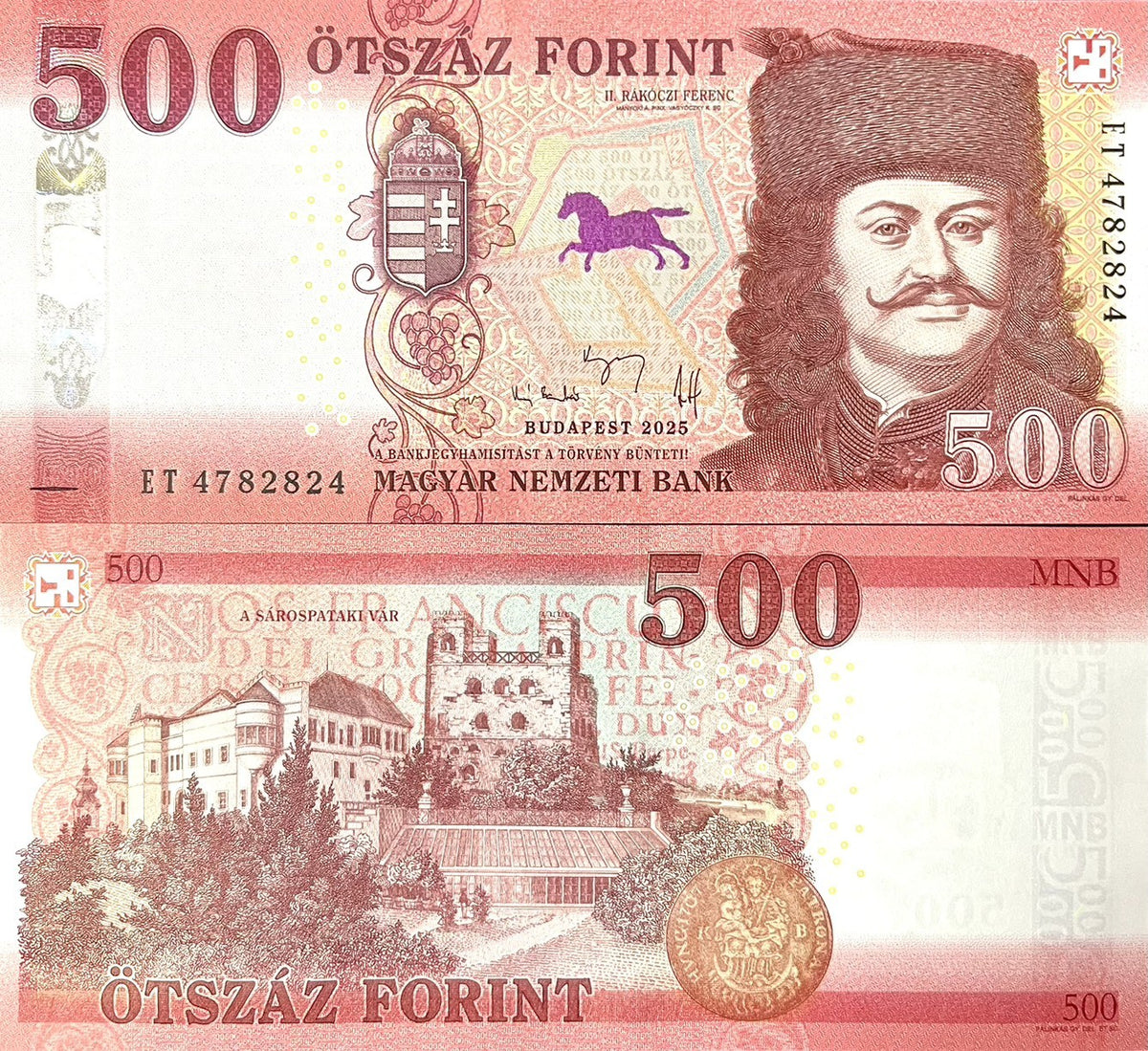 Hungary 500 Forint 2025 P 202 UNC , Prince Rakoczi Ferenc II, Sarospatak castle