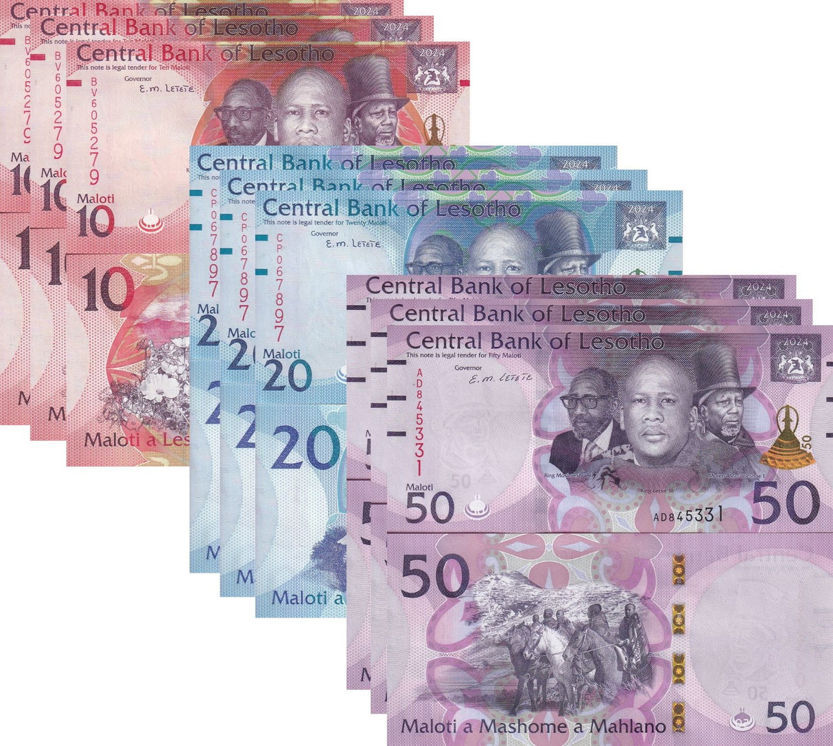 Lesotho SET 3 X 3 SETS = 9 UNC 10 20 50 Maloti 2024 2025 P New Hybrid