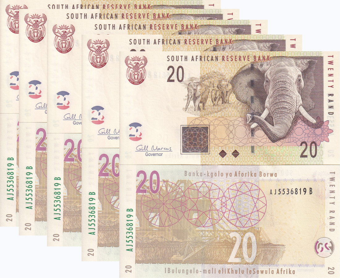 South Africa 20 Rands ND 2009 P 129 b Elephant UNC LOT 5 PCS