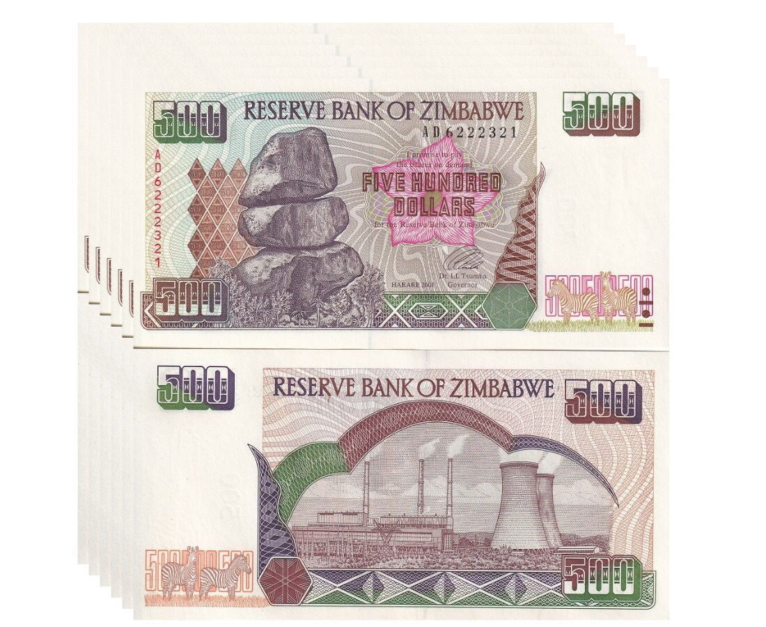 Zimbabwe 500 Dollars 2001 P 11 a UNC LOT 5 PCS