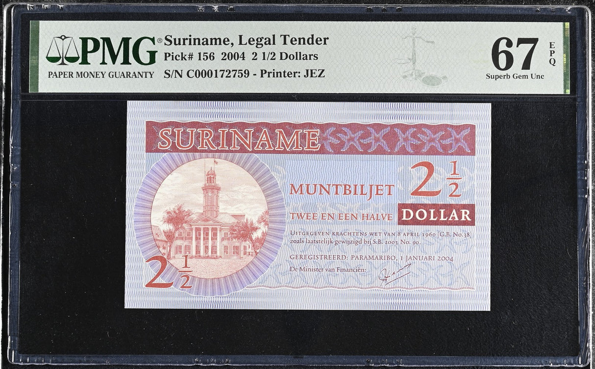 Suriname 2 1/2 Dollars 2004 P 156 Superb Gem UNC PMG 67 EPQ