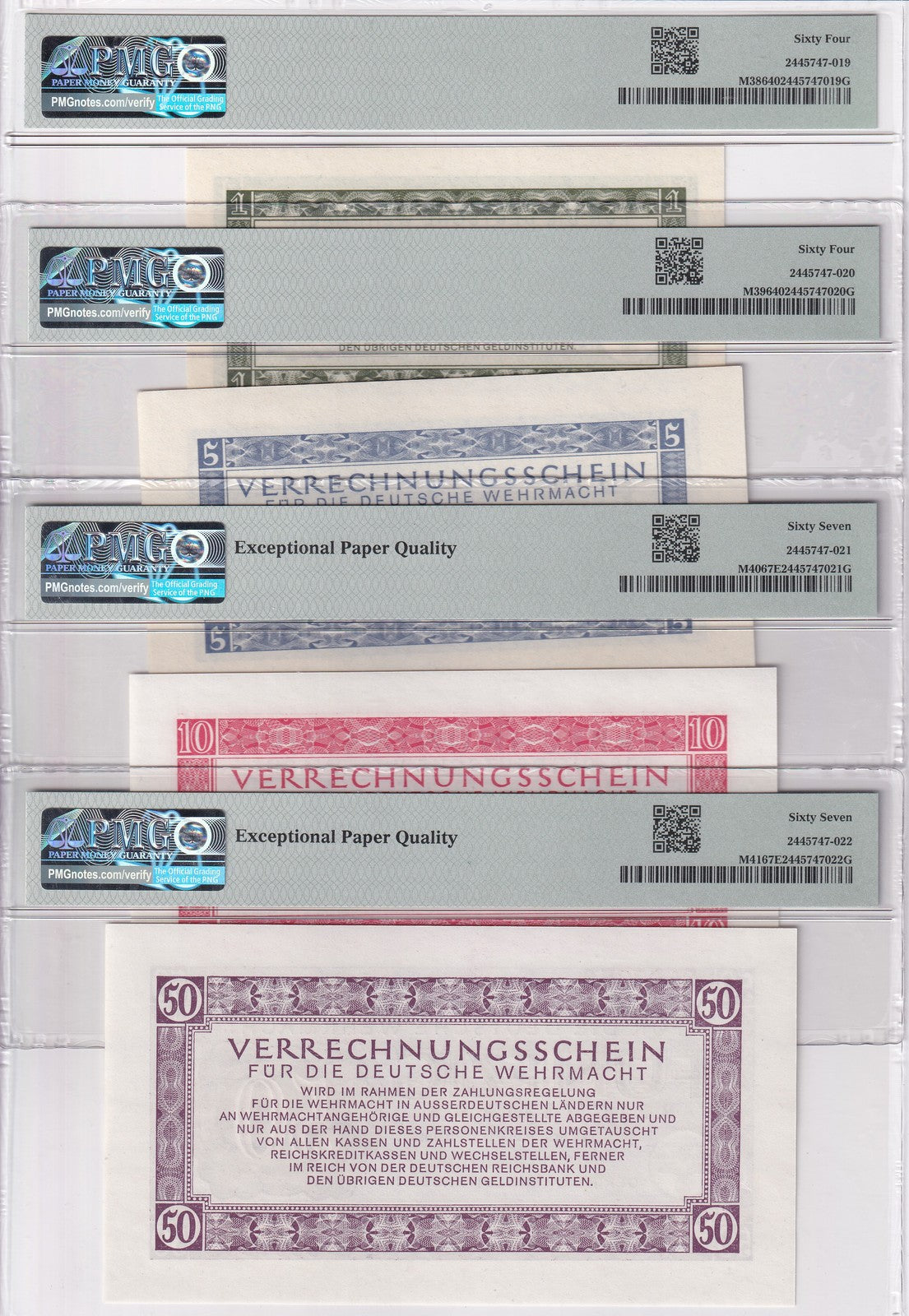 Germany SET 4;1 5 10 50 Reichsmark 1944 P M38 M39 M40 M41 Gem UNC PMG 64 67 EPQ