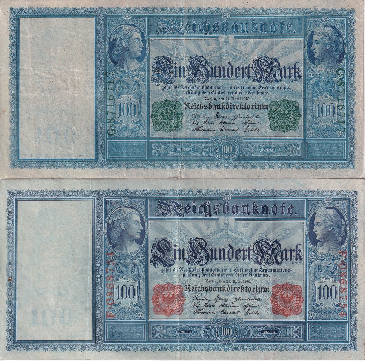 Germany SET 2 , 100 Mark 1910 Green + Red Seal P 42 43 Fine Used Circulated
