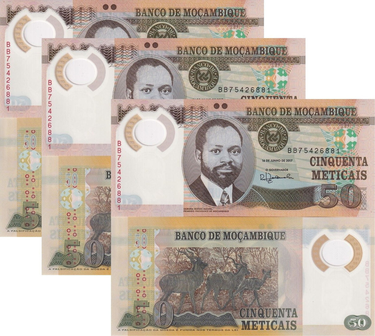 Mozambique 50 Meticais 2017 P 150 b Polymer UNC LOT 3 PCS