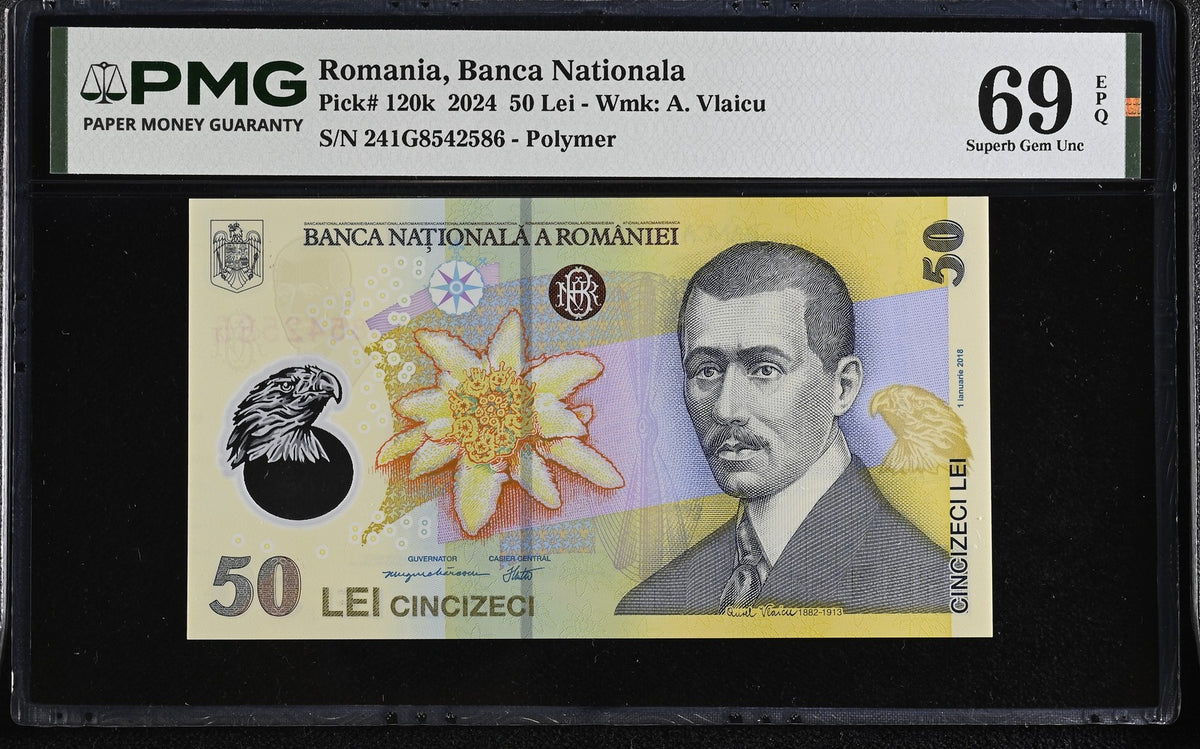 Romania 50 Lei 2024 P 120 k Polymer Superb Gem UNC PMG 69 EPQ