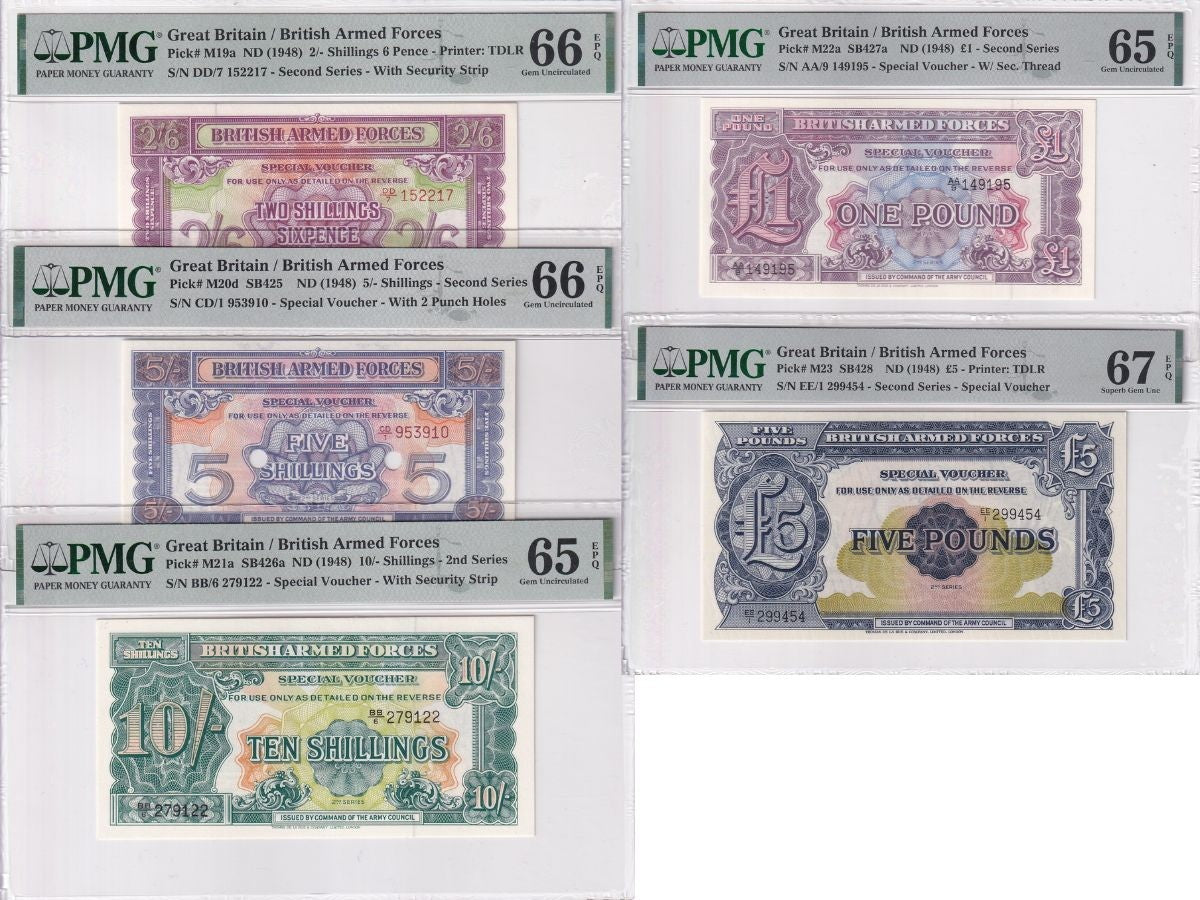 Great Britain Set 5, 2 5 10 Sh. 1 5 Pound P M19-M23 Gem UNC PMG 65 66 67 EPQ