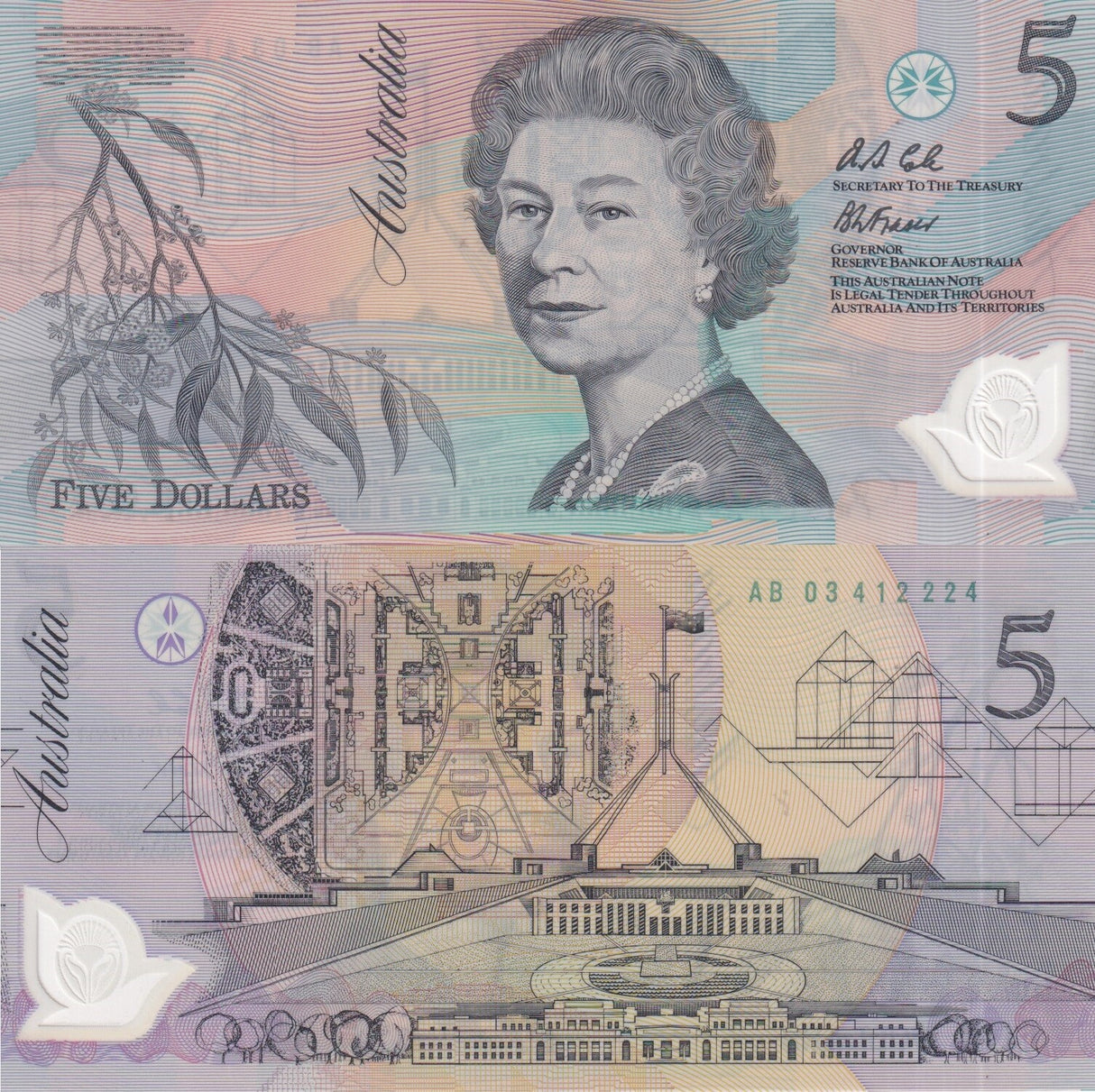 Australia 5 Dollars ND 1992 P 50 a Polymer Prefix AB UNC
