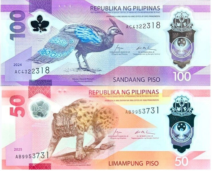 Philippines SET 2 UNC 50 100 Piso 2025/2024 Leopard Peacock Polymer P 237 238
