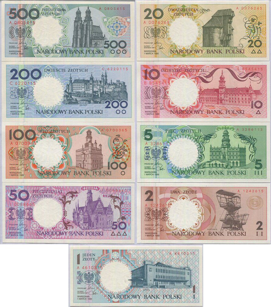 Poland Set 9 UNC 1 2 5 10 20 50 100 200 500 Zlotlych 1990 P 164-172 With Folder