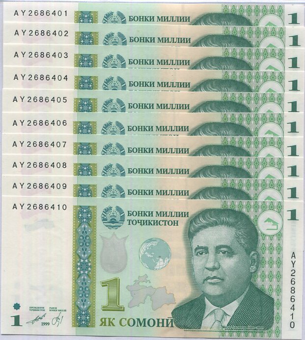 Tajikistan 1 Somoni 1999 (2010) P 14A UNC, Mirzo Tursunzoda, Dushanbe LOT 10 PCS
