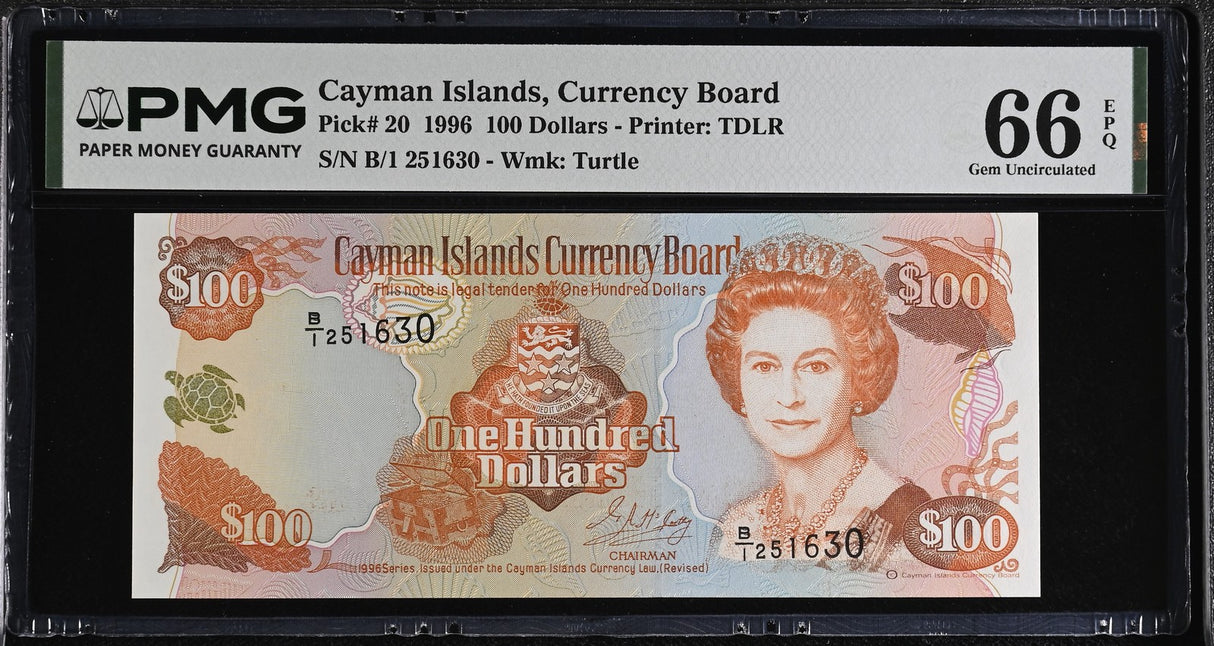 Cayman Islands 100 Dollars 1996 P 20 Gem UNC PMG 66 EPQ , QEII, TDLR, WTM Turtle