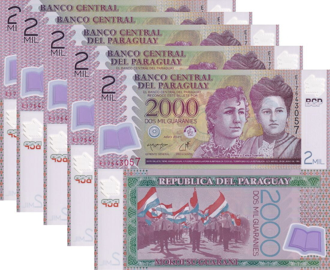 Paraguay 2000 Guaranies 2023 2024 P 228 Polymer New Date UNC LOT 5 PCS