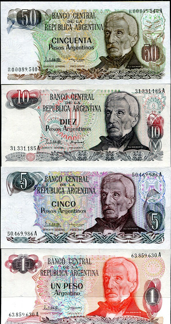 Argentina Set 4 Pcs 1 5 10 50 Pesos Nd 1983 P 311 312 313 314 UNC Random Sign