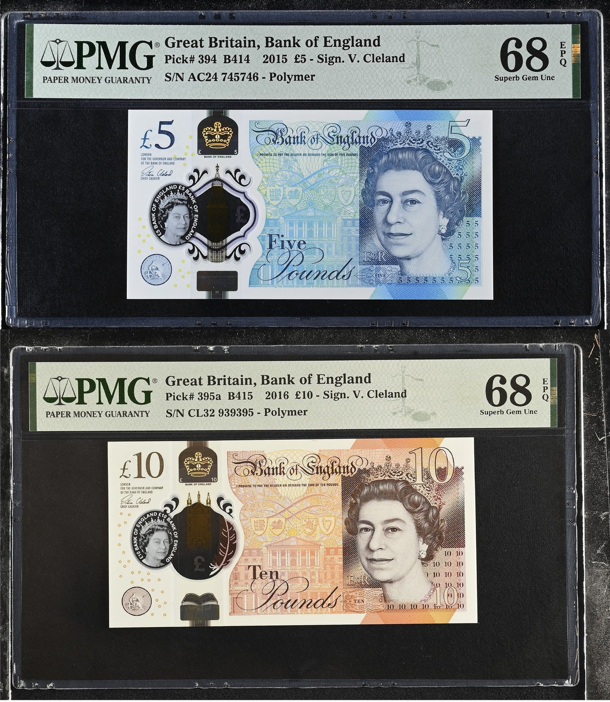 Great Britain Set 2; 5 10 Pounds 2015 2016 P 394 P 395 Superb Gem UNC PMG 68 EPQ