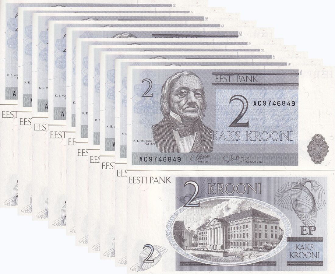 Estonia 2 Krooni 1992 P 70 UNC LOT 10 PCS Karl Ernst von Baer, Tartu University