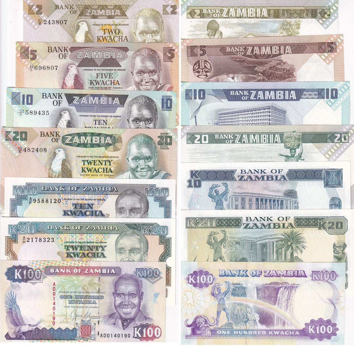 Zambia Set 7 UNC 2 5 10 20 100 Kwacha 1980 - 1991 P 24 25 26 27 31 32 34