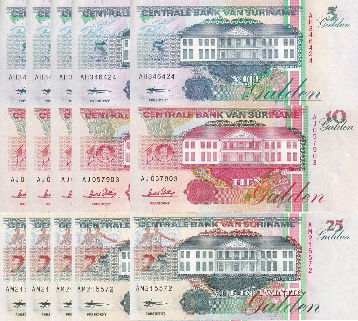 Suriname Set 3 X LOT 5= 15 UNC 5 10 25 Gulden Random Years P 136 137 138