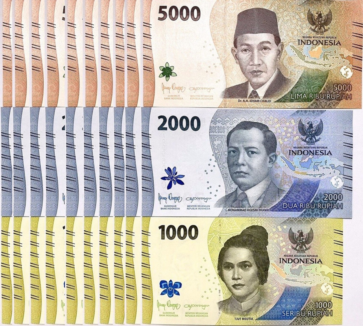 Indonesia Set 3 X LOT 10 = 30 UNC 1000 2000 5000 Rupiah Random Year P 162-P 164