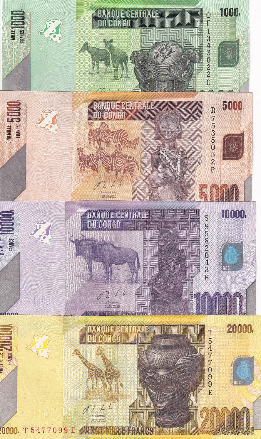 Congo Set 4 UNC 1000 5000 10000 20000 Francs 2020-2022 P 101 102 103 104