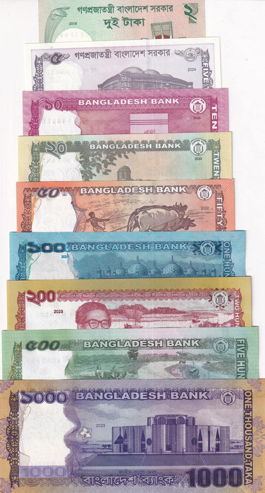 Bangladesh Set 9 PCS 2 5 10 20 50 100 500 1000 Taka 2016 - 2022 UNC