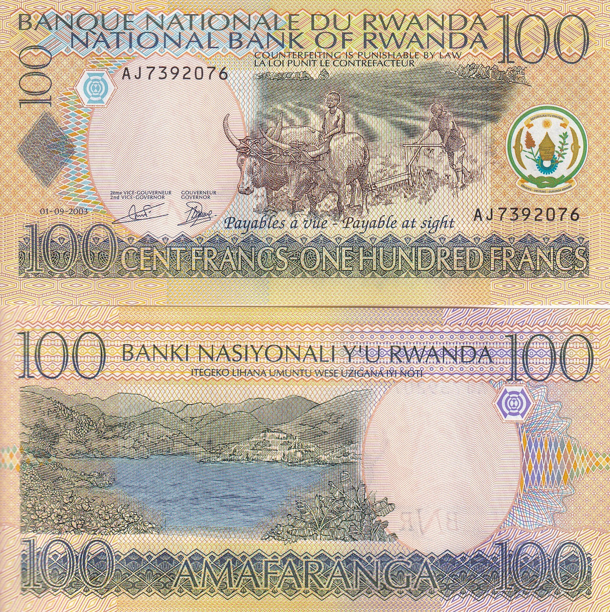 Rwanda 100 Francs 2003 P 29 b UNC ,buffalos ,Kiwu Lake at Kibuye