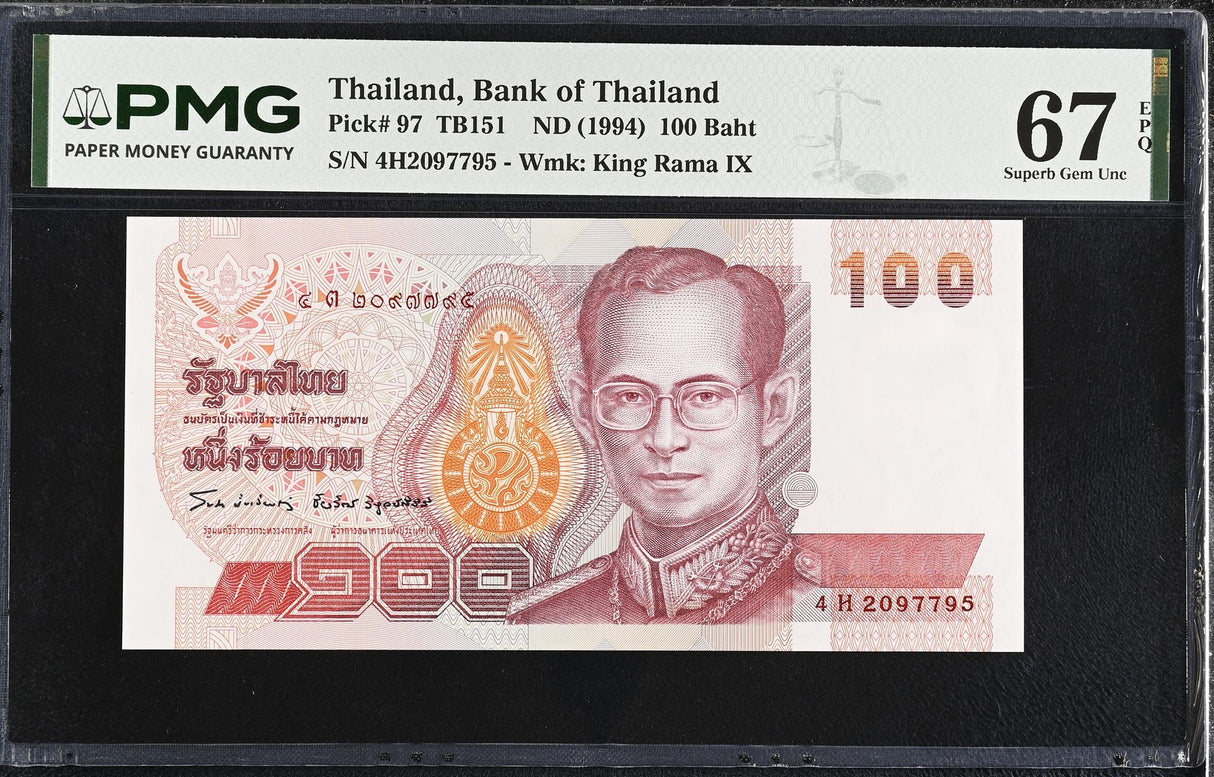Thailand 100 Baht ND 1994 P 97 SIGN 70 Superb Gem UNC PMG 67 EPQ