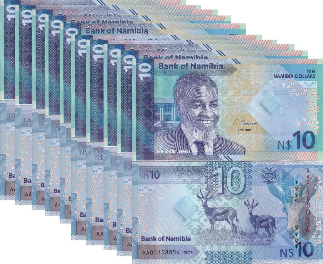 Namibia 10 Dollars 2025 P 20 NEW Design SpringBok LOT 10 Hybrid Window UNC