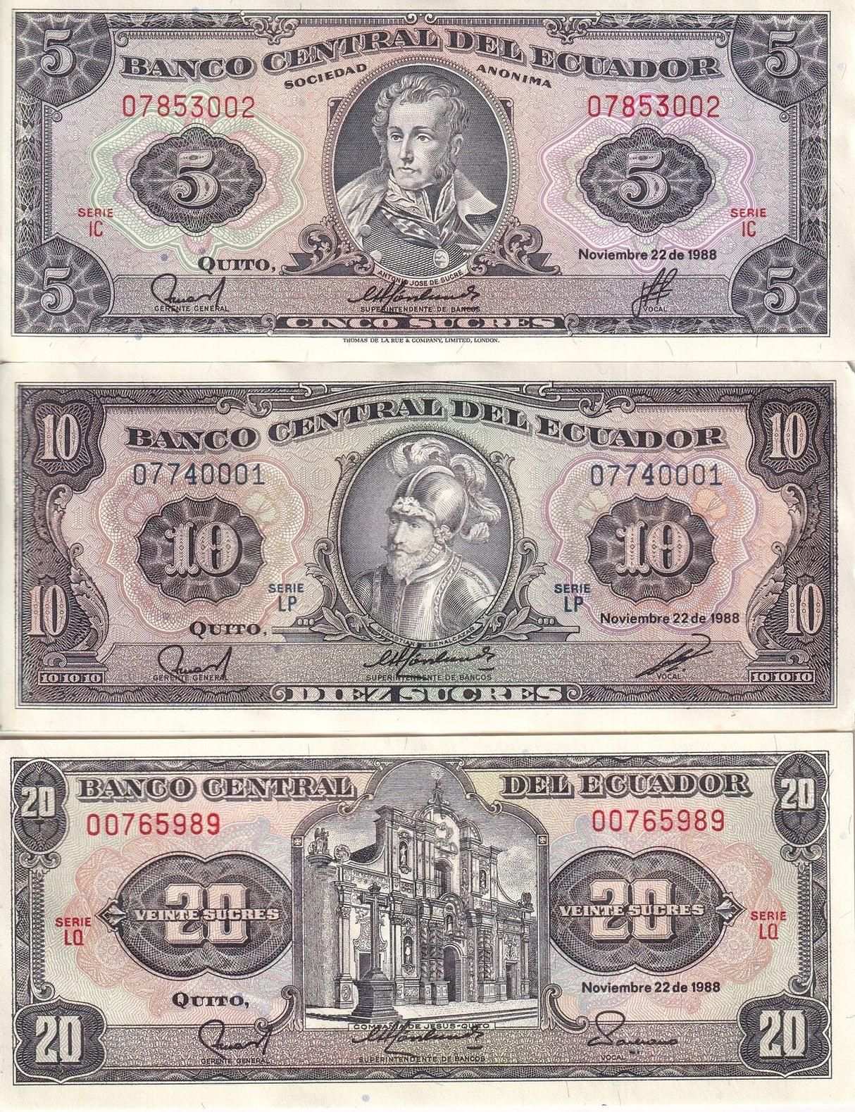 Ecuador Set 3 AU 5 10 20 Sucres 1988 P 113 121 121A AUnc