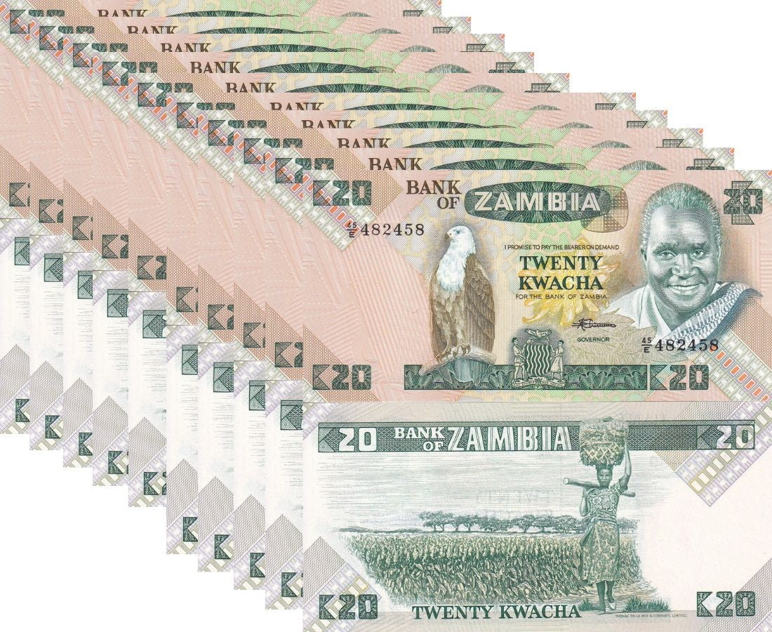 Zambia 20 Kwacha ND 1980 - 1988 P 27 e UNC LOT 10 PCS Fish eagle