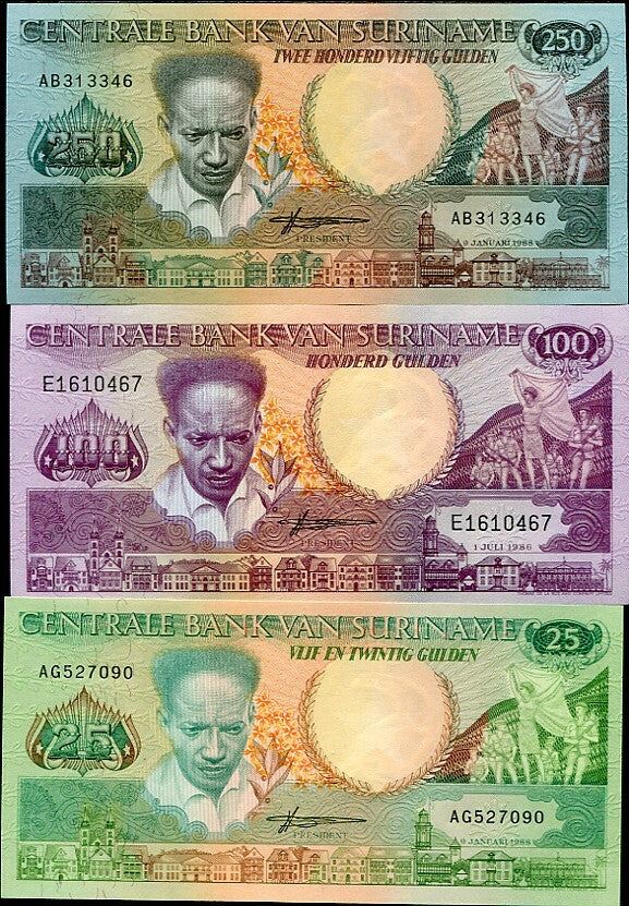 Suriname Set 3 Pcs 25 100 250 Gulden 1986 1988 P 132 133 134 UNC