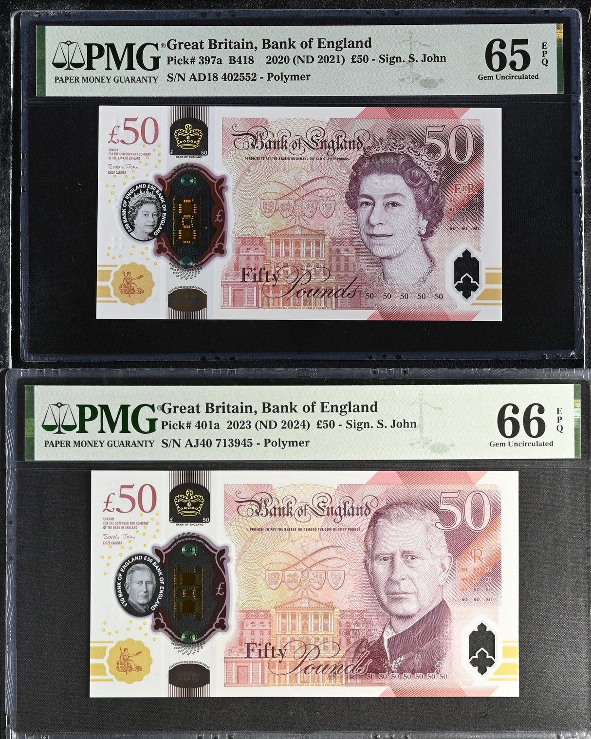 Great Britain Set 2; 50 Pounds 2021-2024 P 397 P 401 Gem UNC PMG 65 66 EPQ