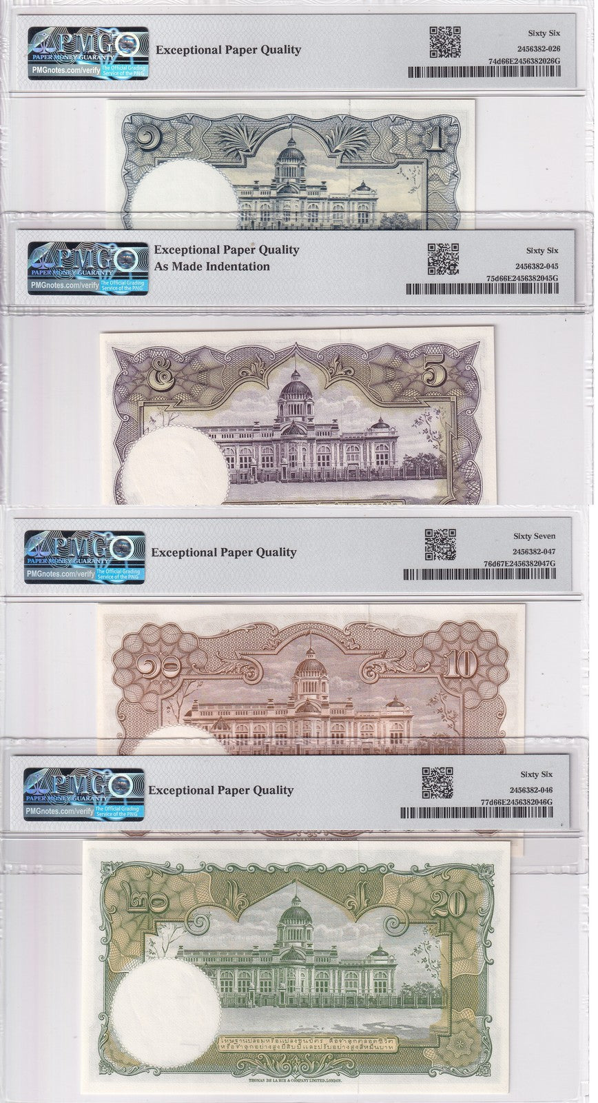 Thailand set 4, 1 5 10 20 BAHT ND 1953-1956 P 74 75 76 77 Gem UNC PMG 66 67 EPQ