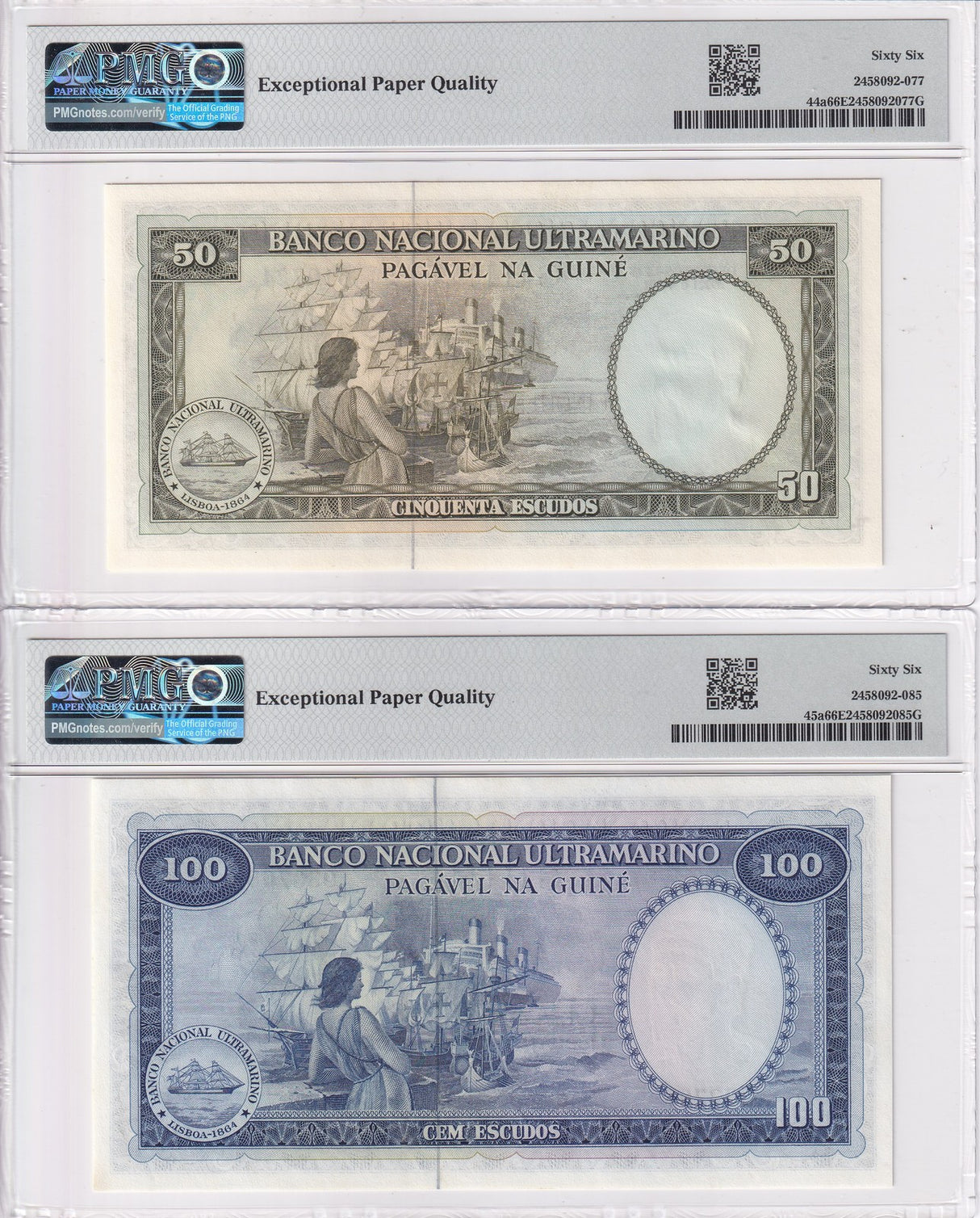 Portugal Set 2; 50 100 Escudos 1971 P 44 P 45 Gem UNC PMG 66 EPQ