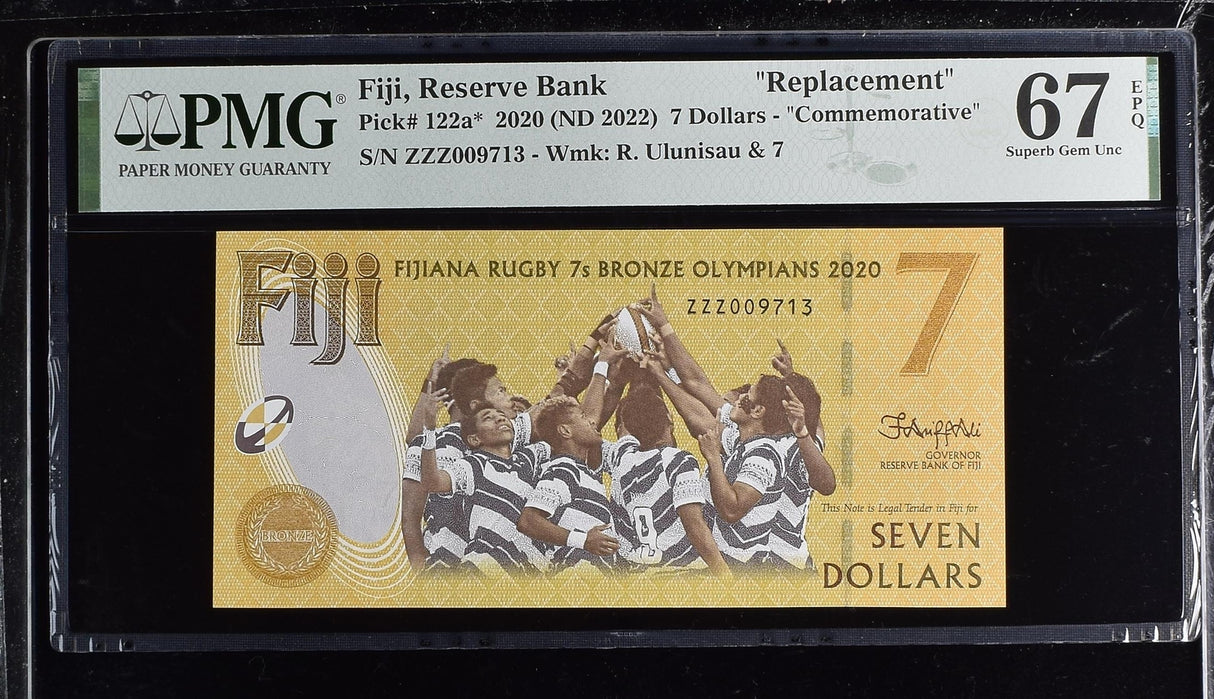 Fiji 7 Dollars 2020 / 2022 Comm. P 122 a* Replacement Superb Gem UNC PMG 67 EPQ