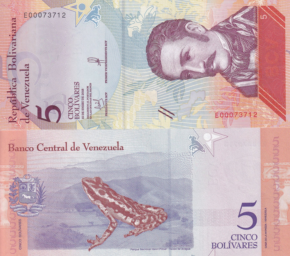 Venezuela 5 Bolivares 2018 P 102 UNC, Sapito rayado frog