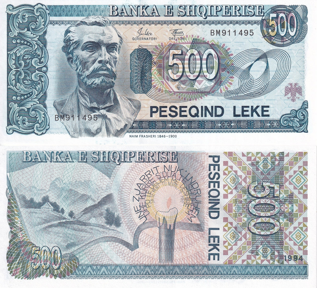 Albania 500 Leke 1994 P 57 UNC ,Mountains, candle, poetry ,Naim Frasheri