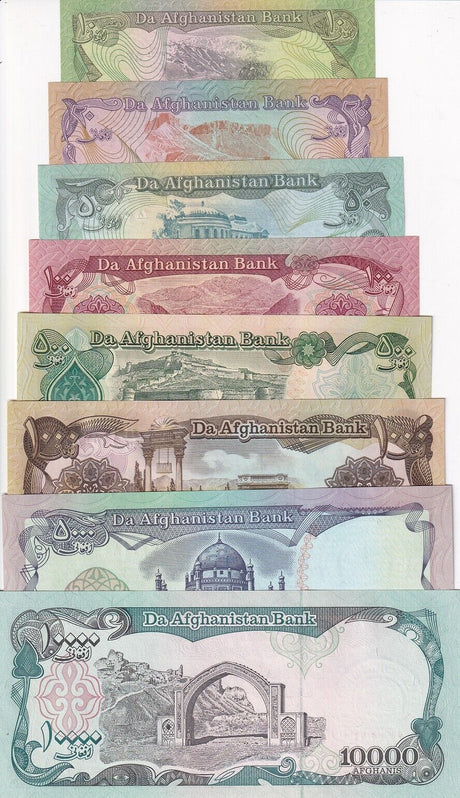 Afghanistan Set 8 UNC 10 20 50 100 500 1000 5000 10000 Afgha 1979-1993 P 55-63
