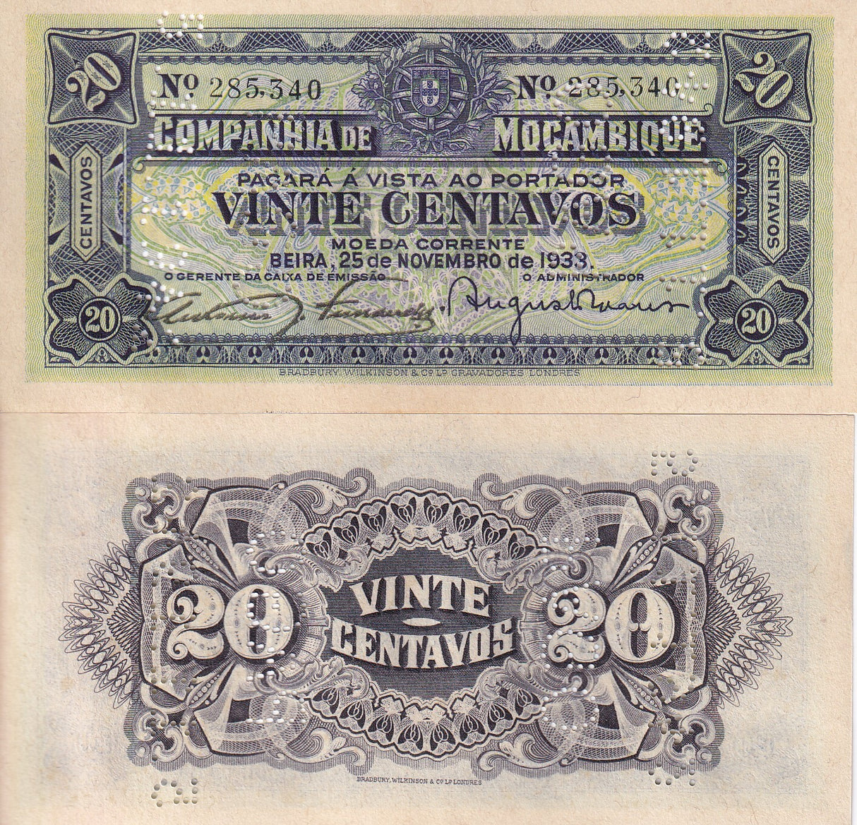 Mozambique 20 Centavos 1933 P R29 UNC W/Little Tone Printer Bradbury Wilkinson