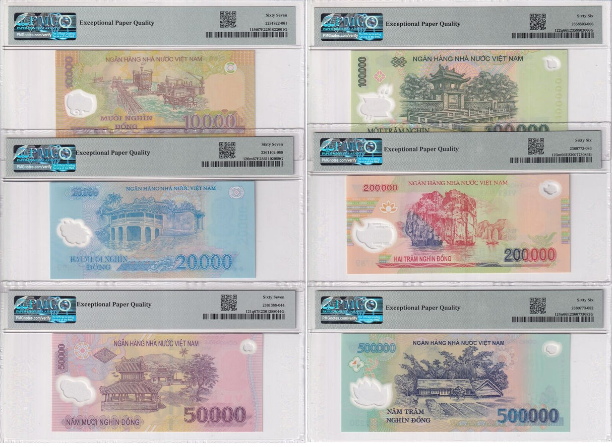 Vietnam Set 6;10000-500000 Dong 2018-2023 P 119-123 124 Superb UNC PMG 66 67 EPQ