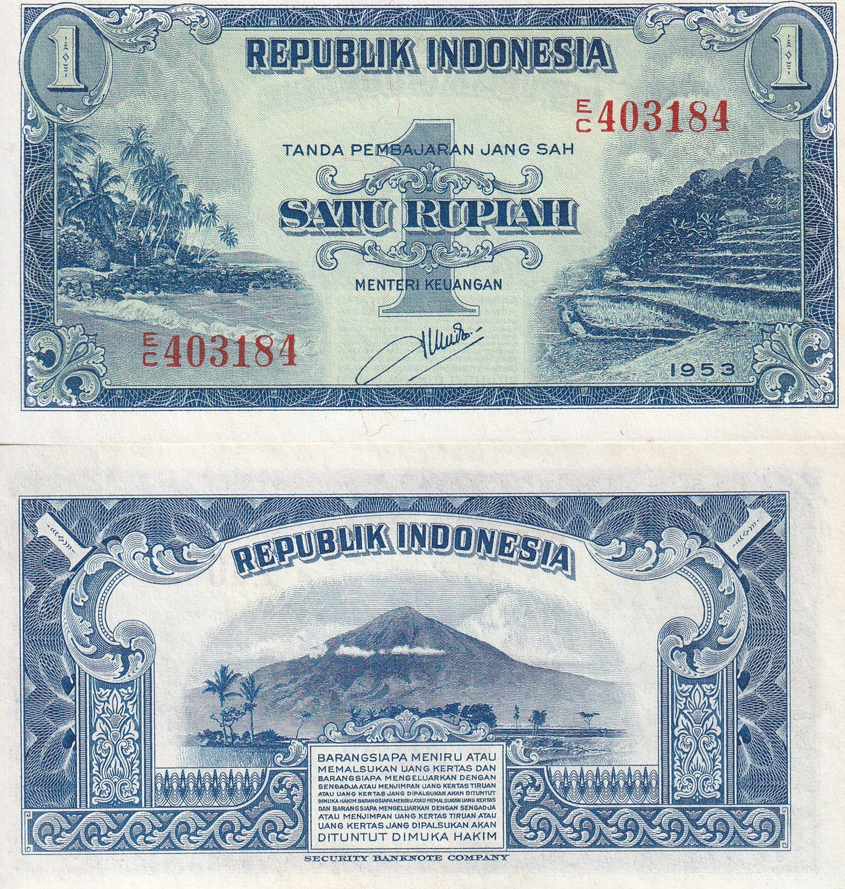 Indonesia 1 Rupiah 1951 P 38 UNC ,Beach, terraced field ,Volcano