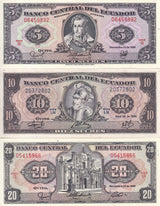 Ecuador Set 3 UNC 5 10 20 Sucres 1986-1999 P 113 121 121Aa