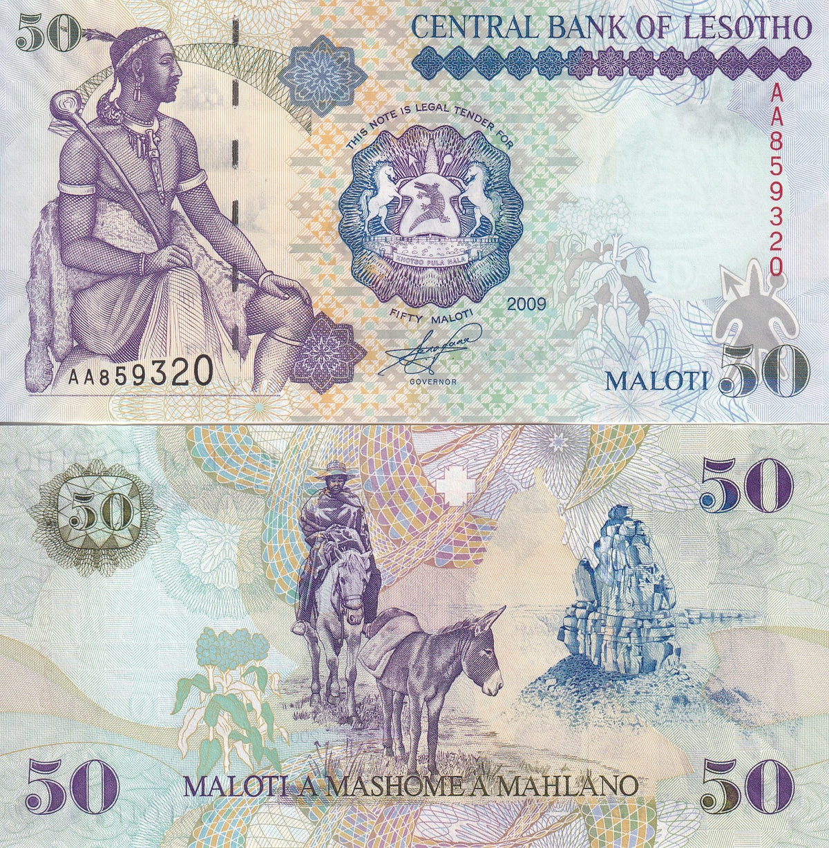 Lesotho 50 Maloti 2009 P 17 UNC, King Moshoeshoe I, Qiloane mountain