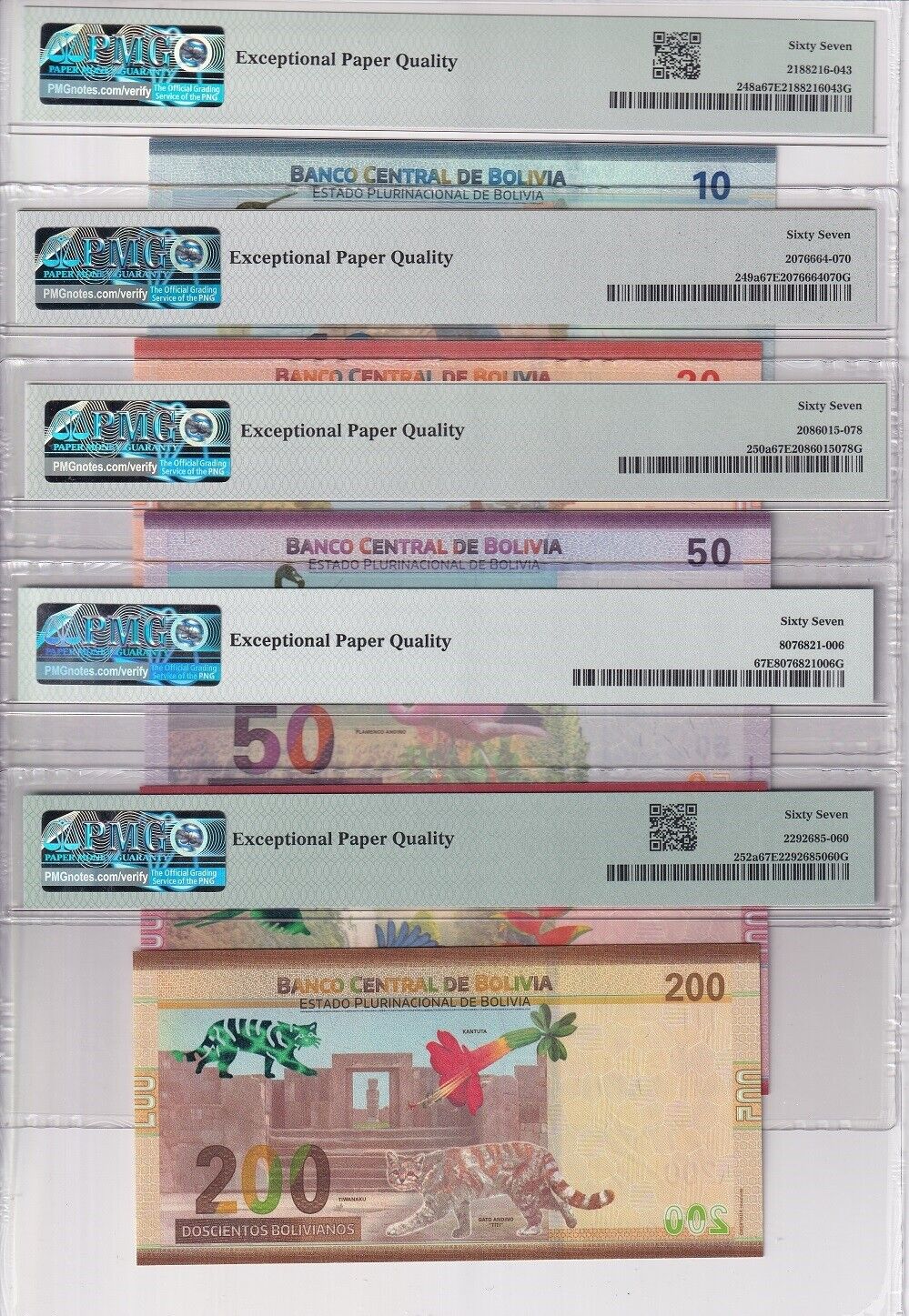 Bolivia Set 5; 10-200 Bolivianos ND 2018 P 250-P 252 Superb Gem UNC PMG 67 EPQ