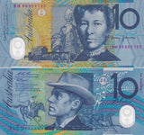 Australia SET 2 UNC 10 Dollars ND 1974-1993 PAPER Polymer P 45 52 Red W/Folder