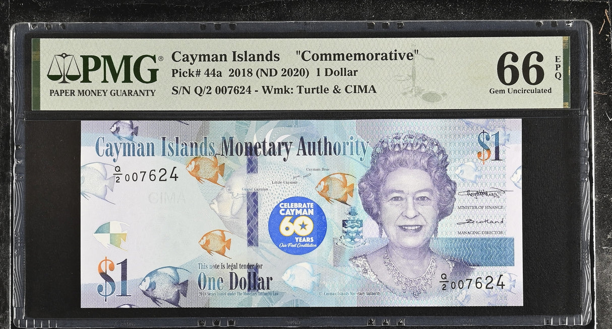 Cayman Islands 1 Dollar 2018 ND 2020 Comm. 60th QEII P 44 a Gem UNC PMG 66 EPQ