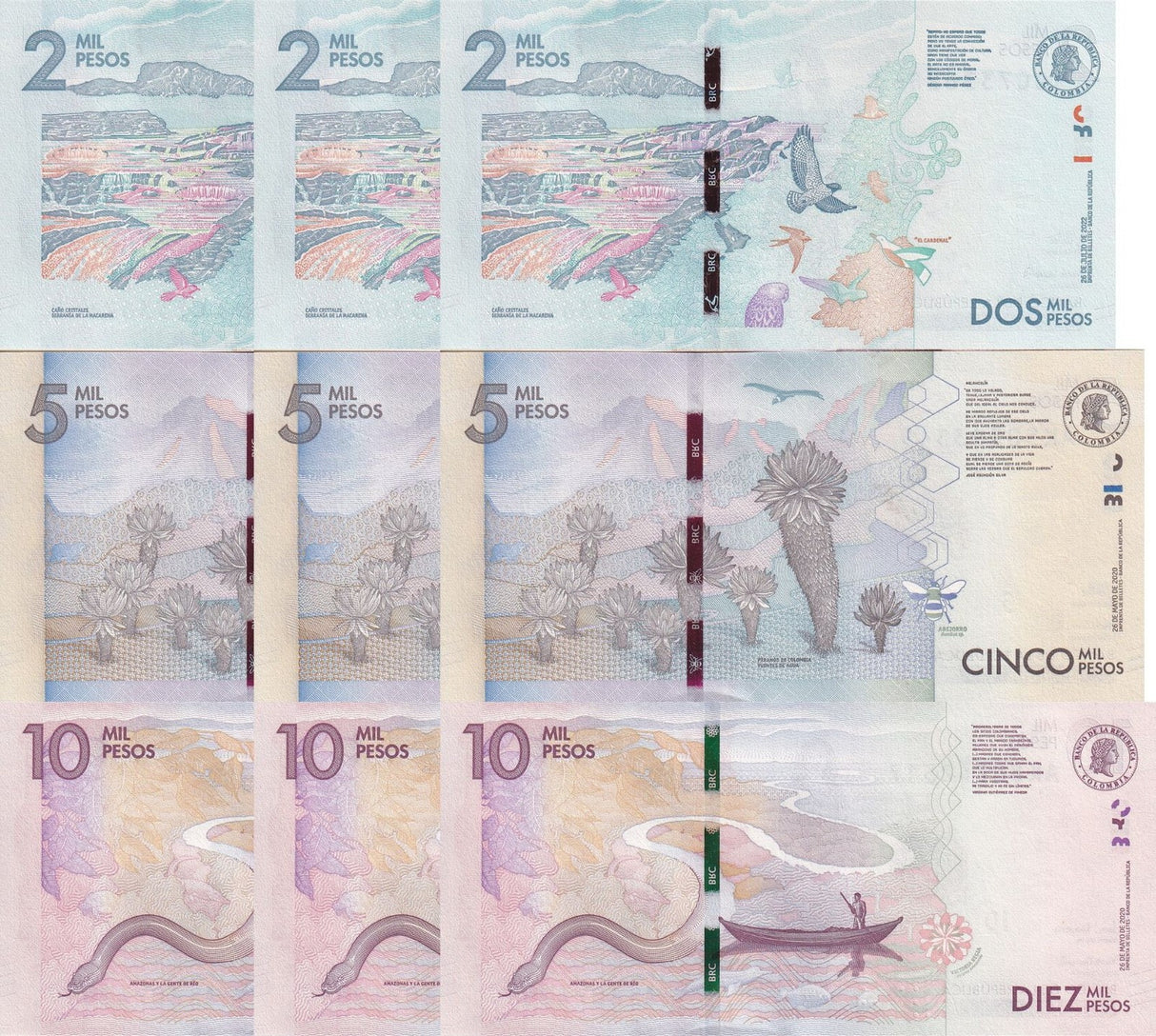 Colombia Set 3 X LOT 3 = 9 UNC  2000 5000 10000 Pesos P 458 459 460 Random Date