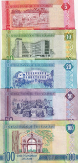 Gambia Set 5 Pcs 5 10 20 50 100 Dalasis 2015 P 31 32 33 34 35 UNC