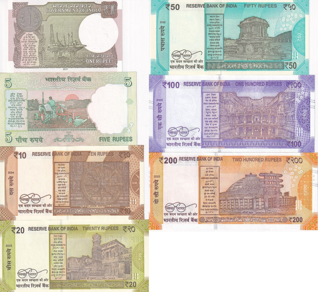 India Set 7 Pcs 1 5 10 20 50 100 200 Rupees Random Year P 94 109 110-117 UNC