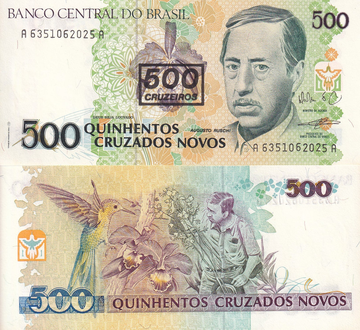 Brazil 500 Cruzeiros ND 1990 P 226 AUnc ,Overprint Augusto Ruschi AU