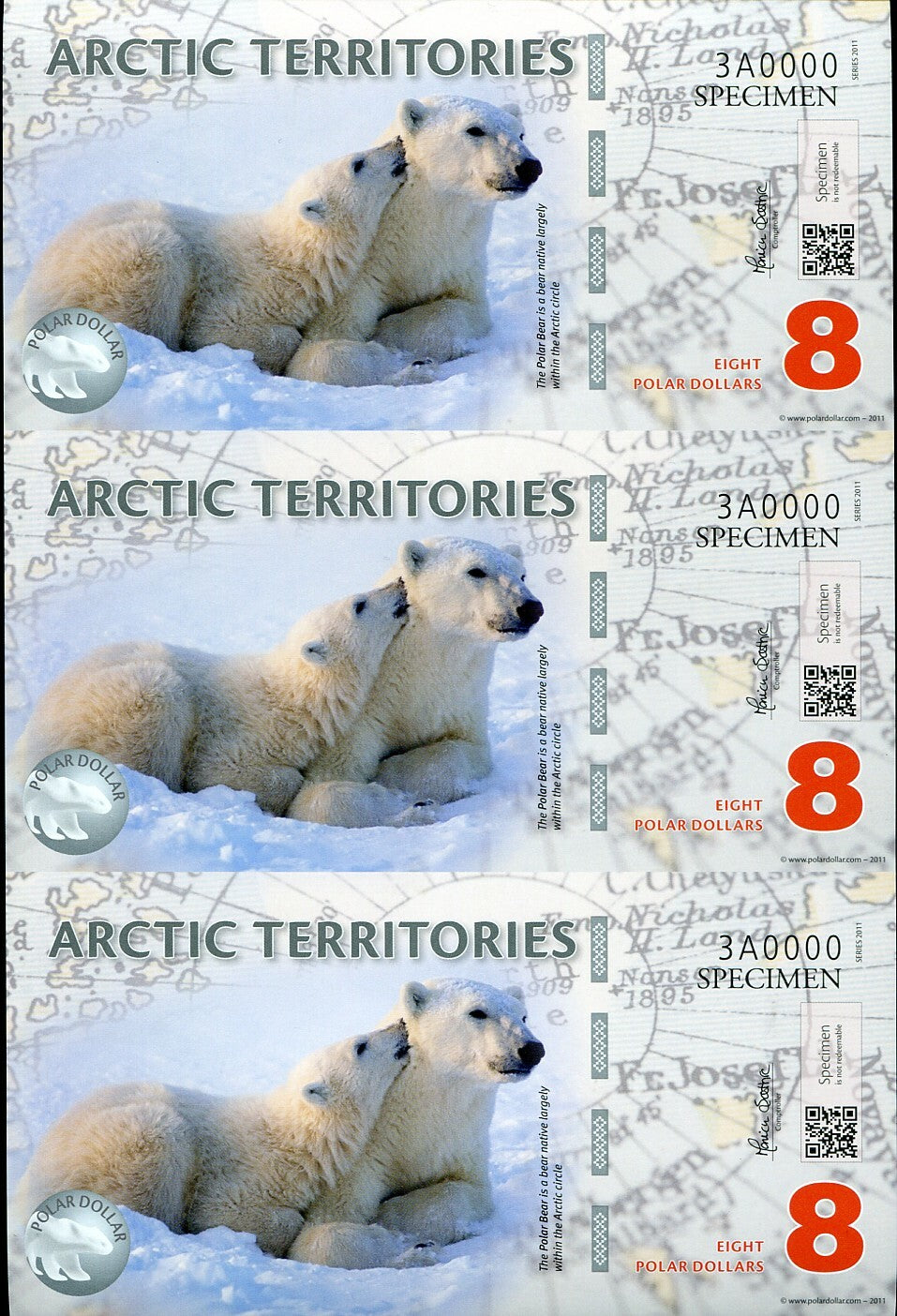 Arctic Territories 8 Dollars 2011 BEAR POLYMER UNCUT SPECIMEN SHEET UNC
